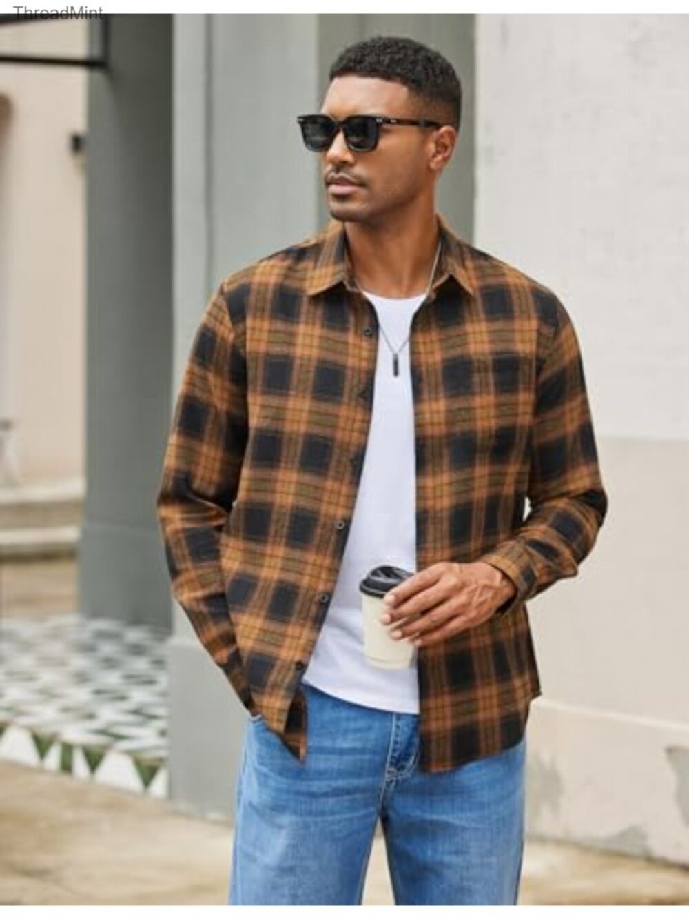 Men's Lightweight Flannel Shirt Long Sleeve Plaid Button Down with Pocket - Picture 2 of 6